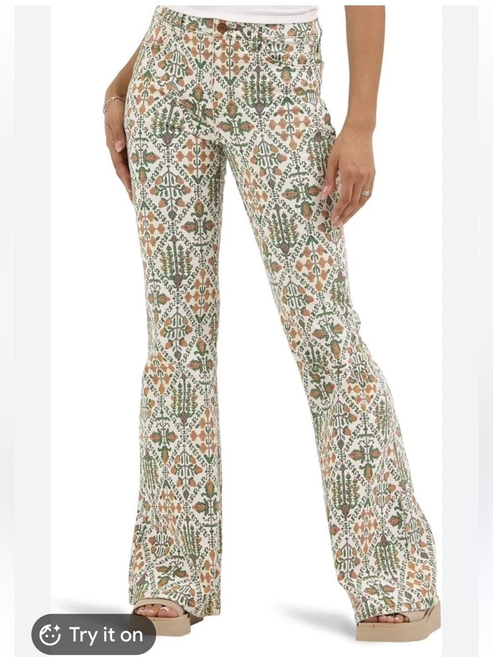 Wrangler High-Rise Flare Pants in White, Green & Rust
